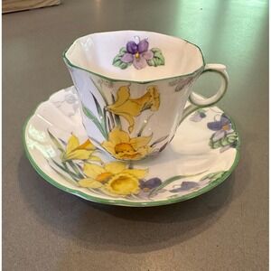 Melba Bone China TeaCup Saucer  Spring - Daffodil & Violet Floral 1940's England